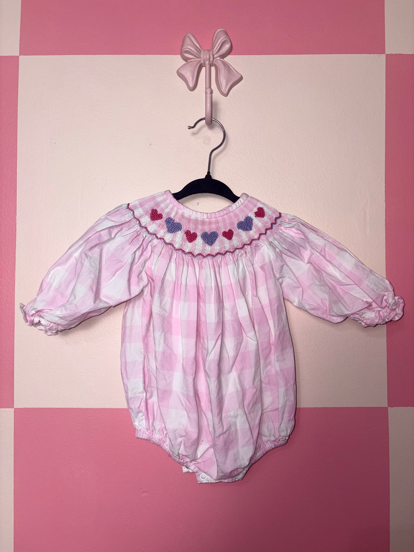 Smocked Flamingo heart onesie 6m